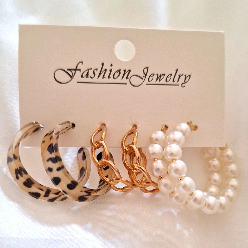 NWT Leopard, Gold, and Pearl Hoop Earring Set, Bundle of 3